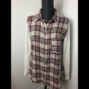 Free People Plaid Lace Button Down Shirt